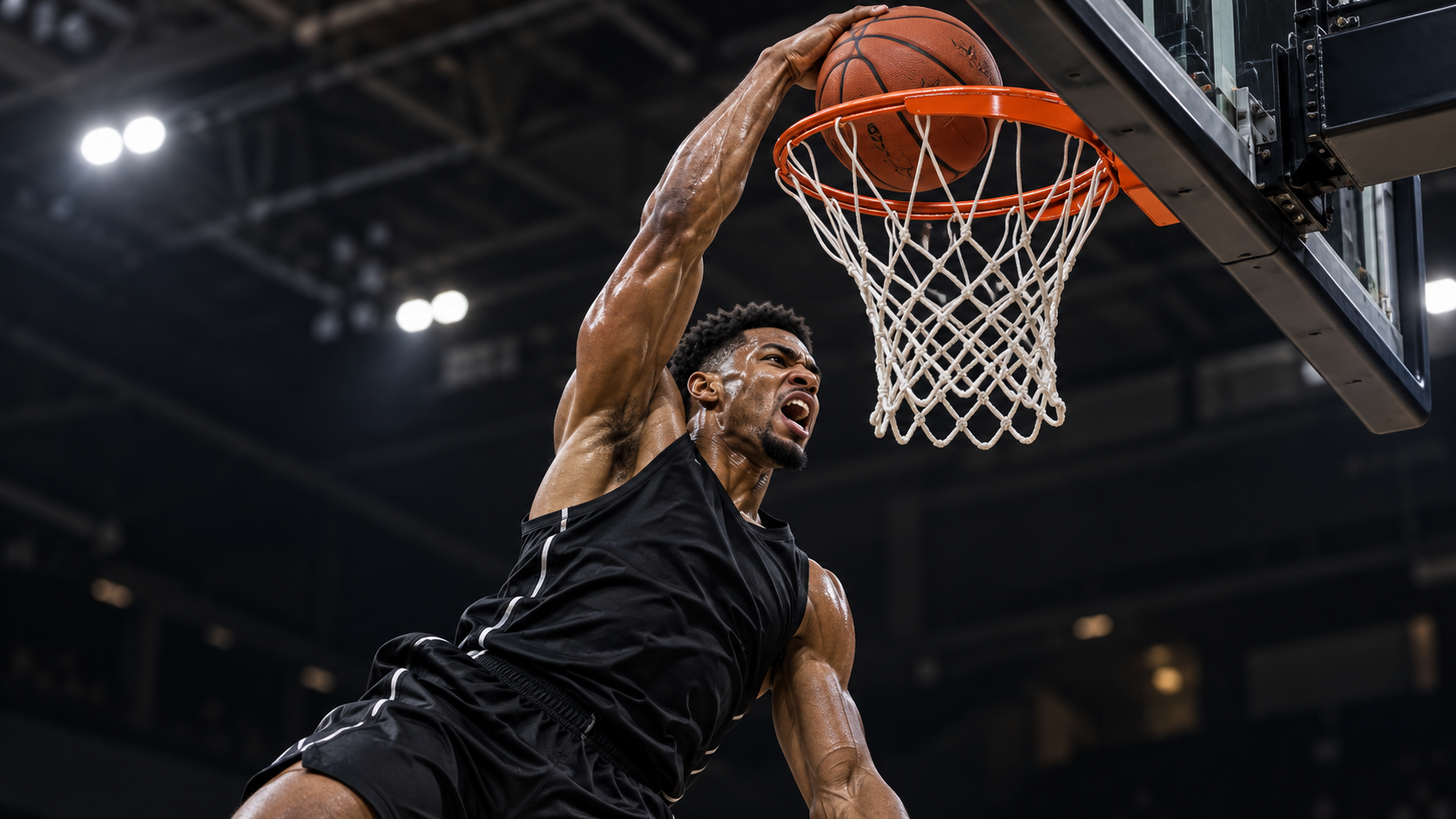 Close-up of a basketball player dunking